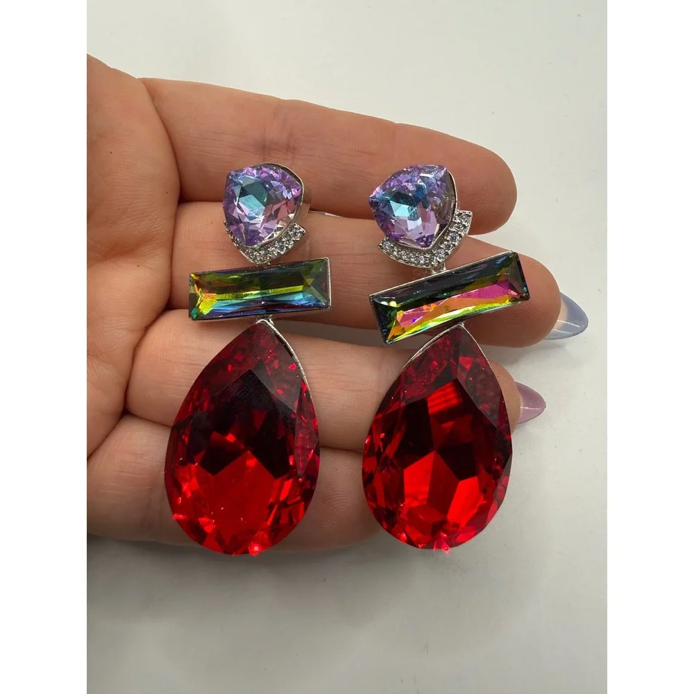 Red Purple Iridescent Crystal Statement Drop Earrings Silver Tone Pageant‎ Glam